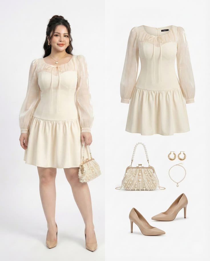 Outfit and accessories paired with classic cream-colored high heels.